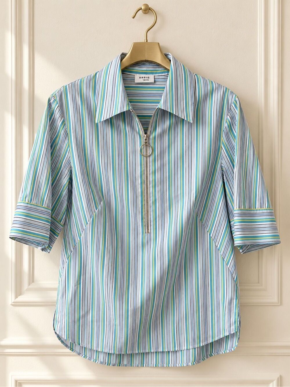 AKRIS Punto Striped Cotton Poplin Half-Zip Shirt Ring Pull, Sz 8, $299 A14